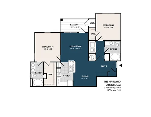 Floor plan 2 Bed 2 Bath - 1,147 Sq. Ft.