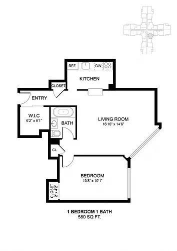 Floor plan 1 Bdrm 580 Sq Ft