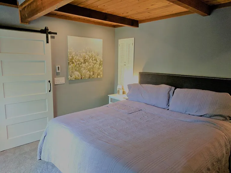 Master Bedroom: King bed pictured, sliding barn door to Mast