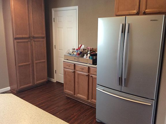 Kitchen pantry, cabinets and fridge
