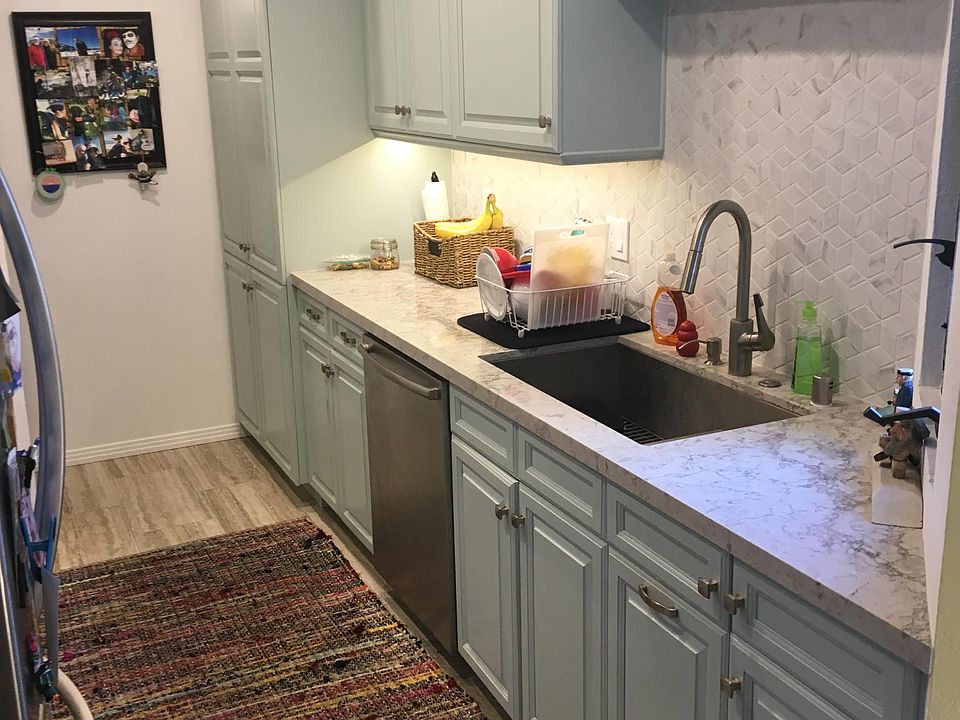 Gallery kitchen with built-to-order cabinets and under cabinet lighting and custom tile back splash. Built-in pull-out trash and recycling bins.
