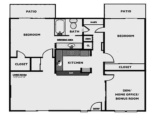 Floor plan 'L-1' - 2Br/1Bath Garden Style Floorplan