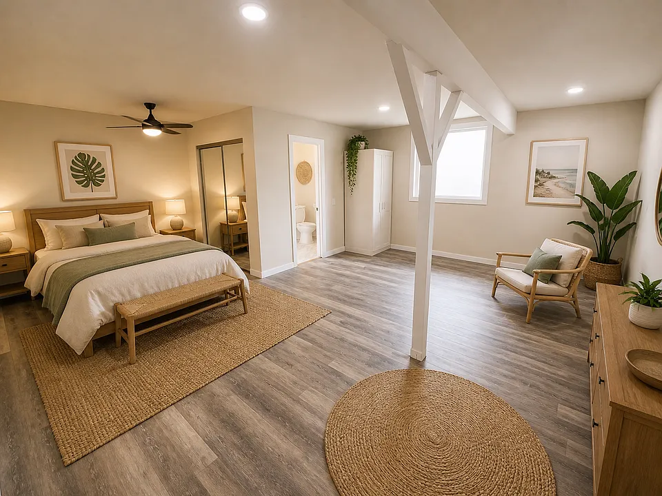 Large over-sized master bedroom with view of mountains and large closet. 

Photos have been digitally staged using AI.