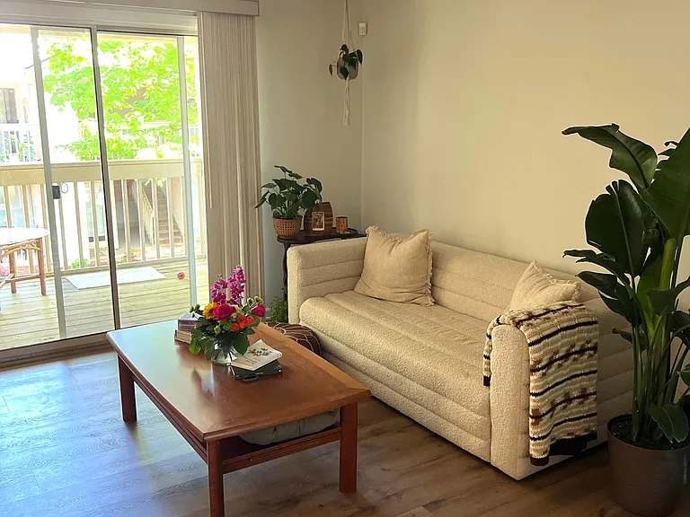 Living room with new blinds on slider. Living room opens up to a small deck.