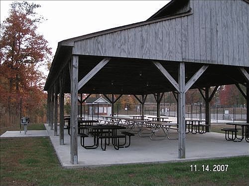 View of community pavillion w/ pool in background