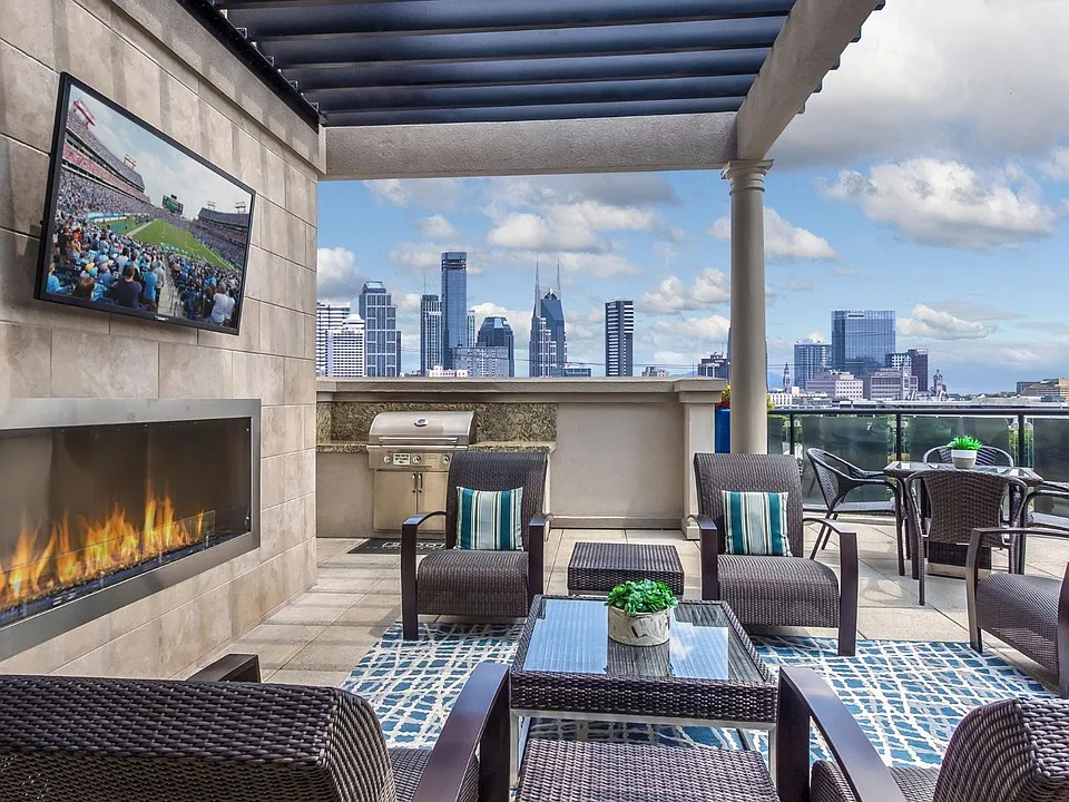Rooftop lounge with outdoor fireplace, grill and amazing views of downtown