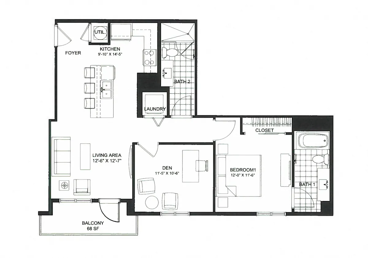 Floor plan 1F One bed w/den