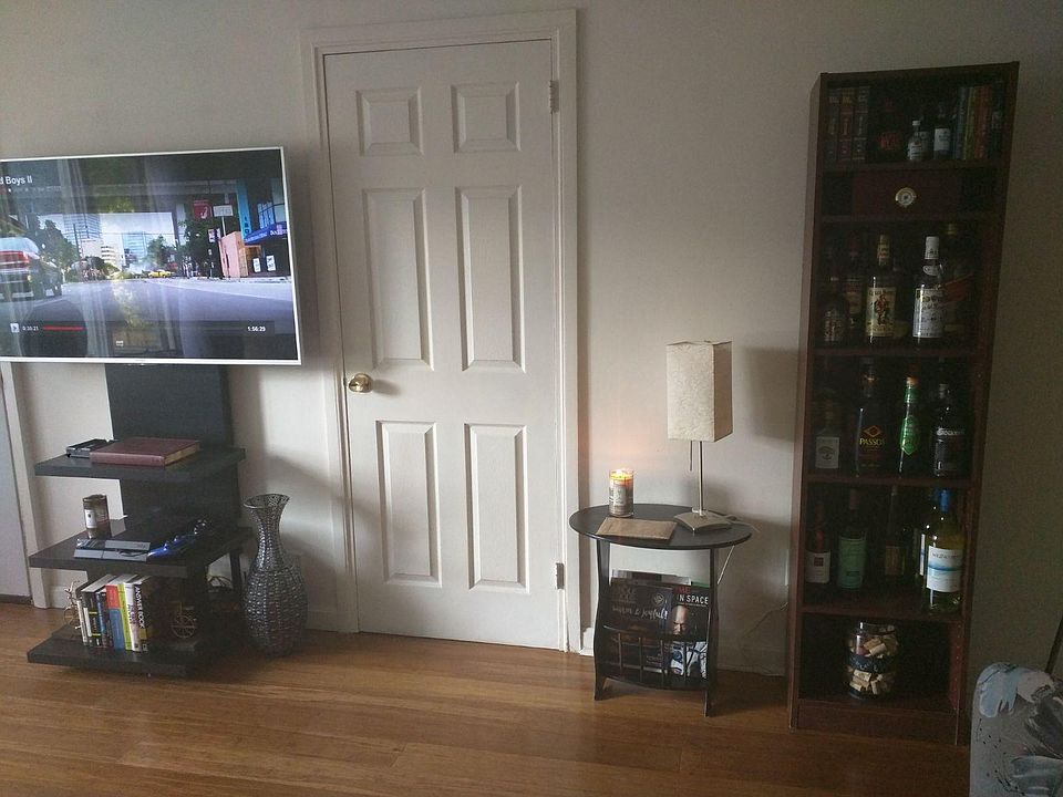Another part of the livingroom showing a coat closet .