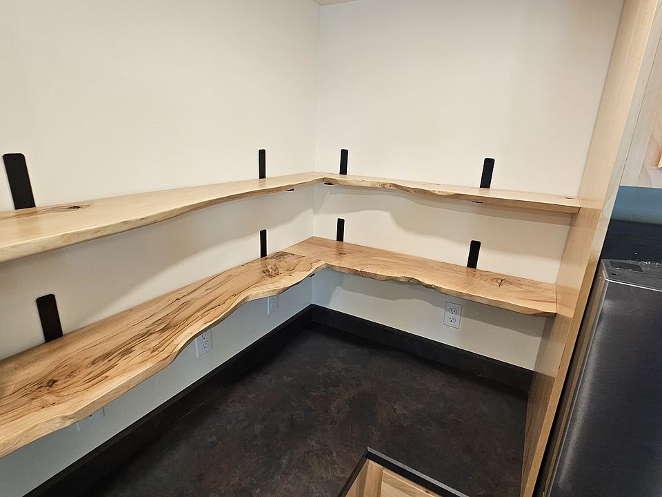 Raw Maple shelves repurposed from the Maple trees that stood on the property