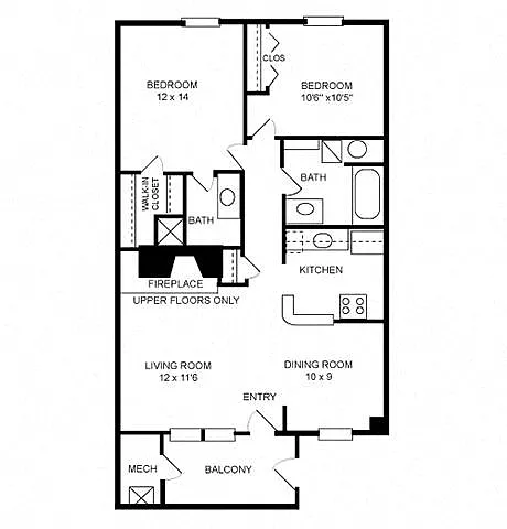 Floor plan 2 Bed, 2 Bath 950 SF, 22
