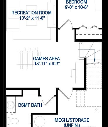 A blackline drawing of the Rundle 22 floorplan with the feature basement option by Brookfield Reside