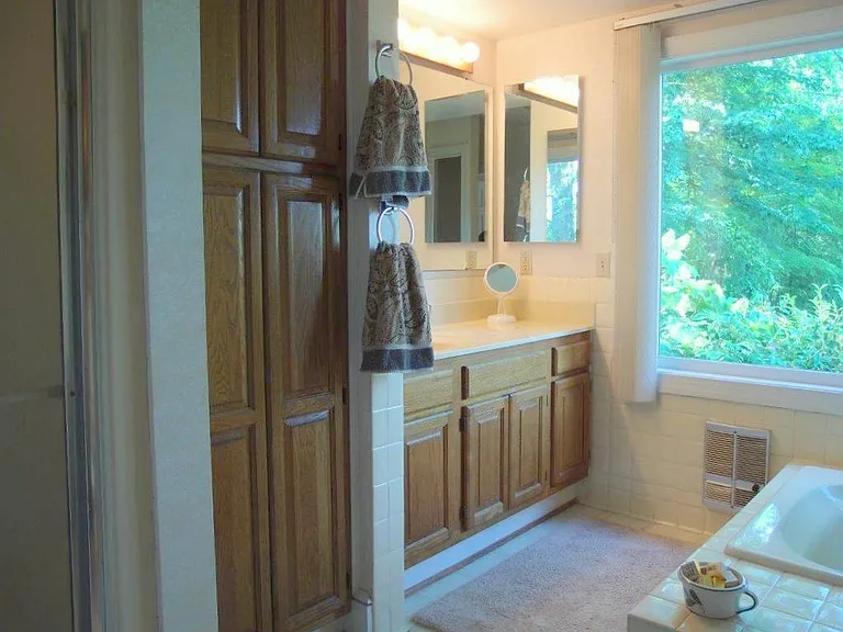Master bath with jacuzzi, double sink shower and picture window