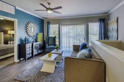 Spacious Living Room with Oversized Windows - The Meadows at North Richland Hills Apartments