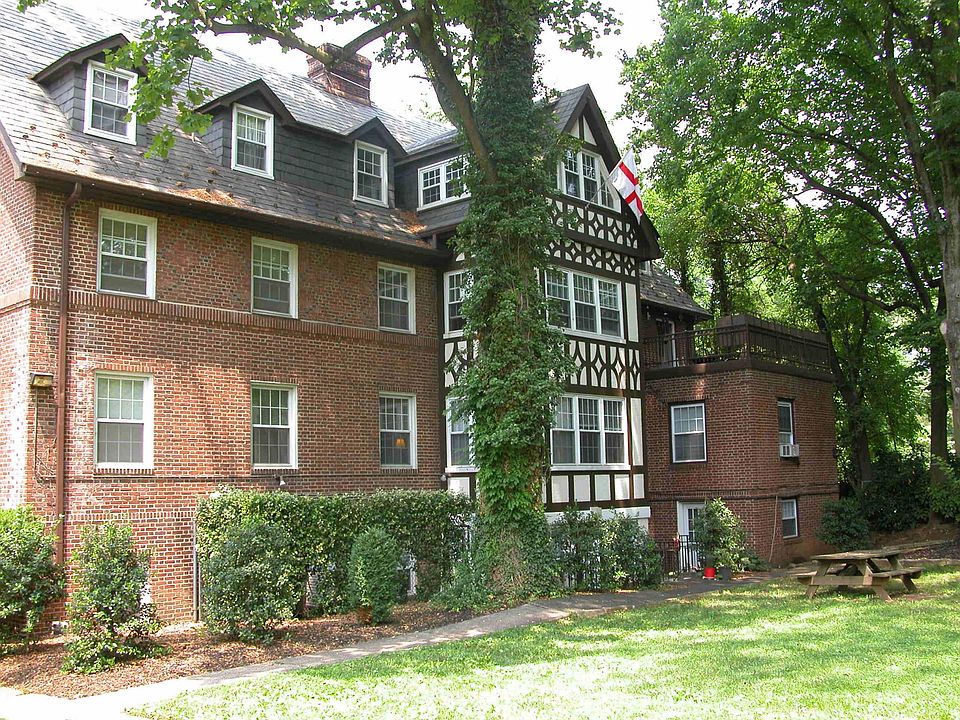 Front of the Tudor style apartment building.