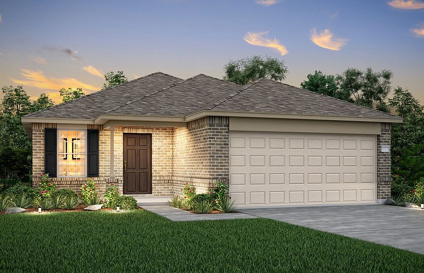 The Becket, a one-story home with 2-car garage, shown with Home Exterior N