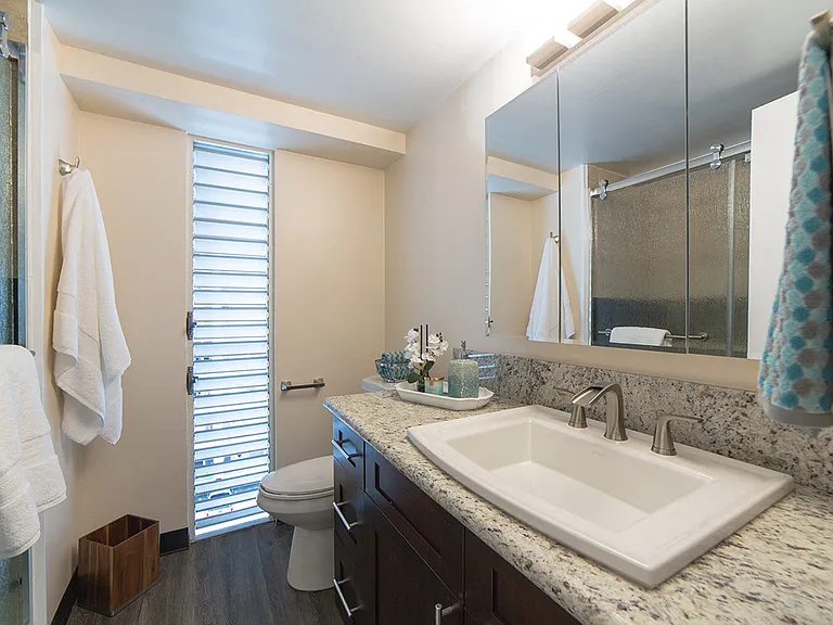 Waikiki Walina Apartments bathroom sink, vanity, and toilet
