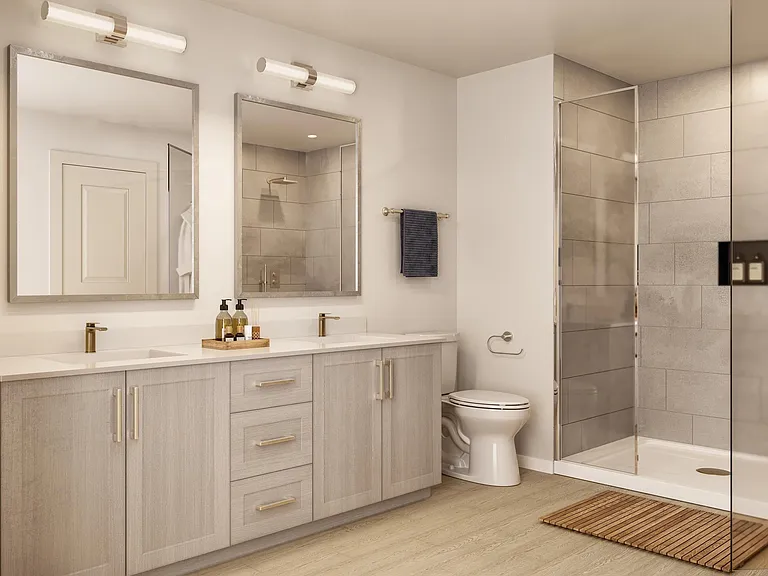 Thoughtful bathroom design at Modera Walsh Heights pairs clean finishes with a spacious layout for a polished, comfortable retreat.