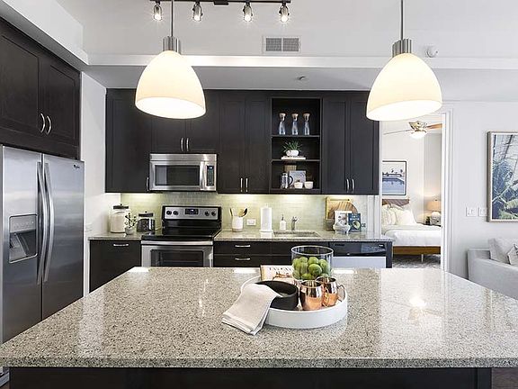Beautiful open kitchen. Custom kitchen Cabinets, designer tile backsplash Stainless steel appliance package, Premium granite counter tops.