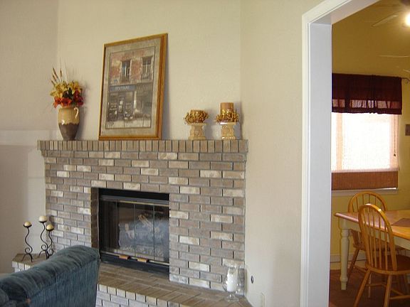 Grey tone brick fireplace