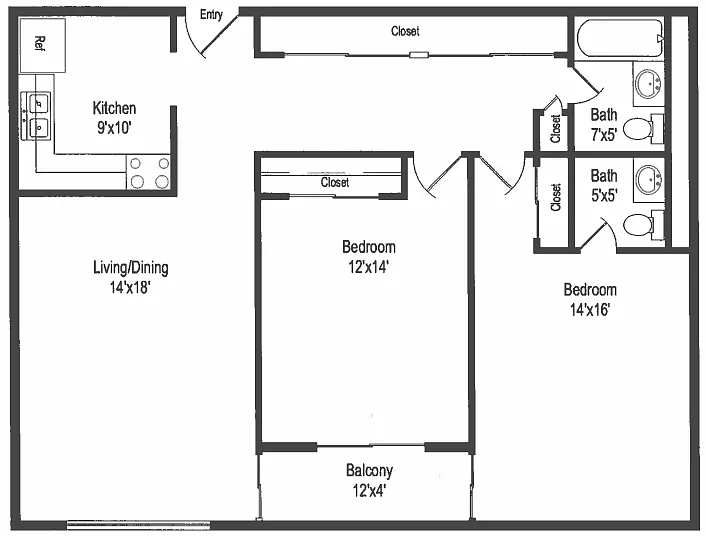 Floor plan Two Bedroom Two Bath -1R