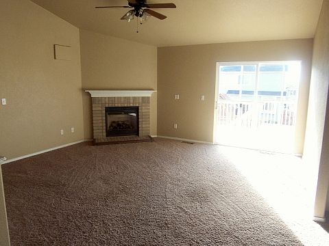 Living Room has Carpet, Fireplace & Walk-Out to Rear Deck