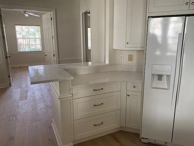 Kitchen view into eating area