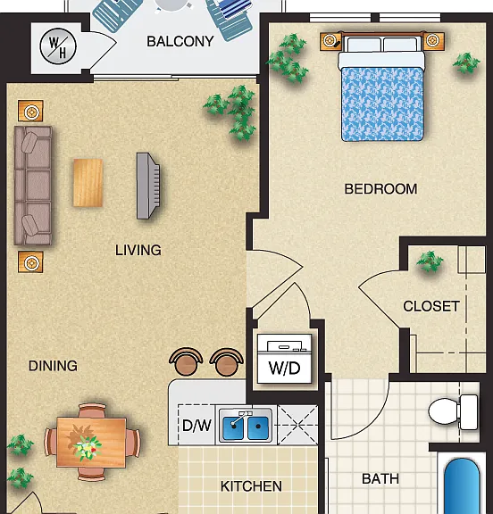 1 Bed 1 Bath 647 Sq. Ft. Floorplan Diagram