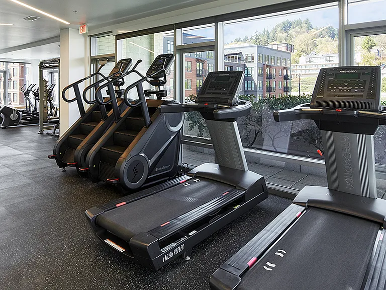 Apartment community 24-hour fitness center at Griffis South Waterfront in Portland, Oregon.