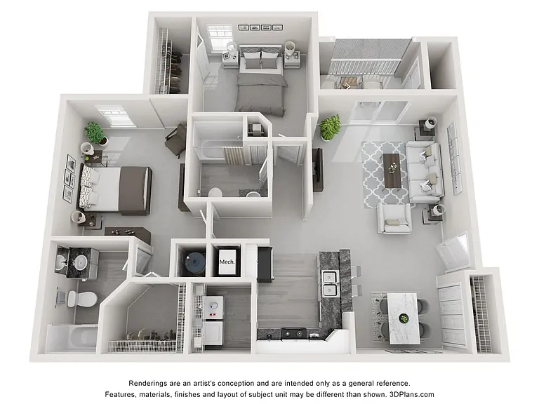 A 3D floor plan rendering of The Elm
