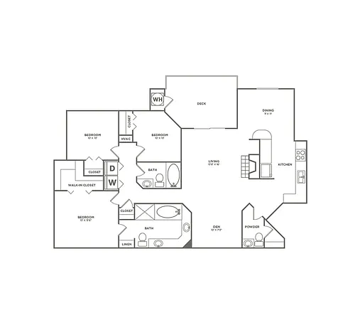 Floor plan Three Bedroom Two and a Half Bath (1324 SF)