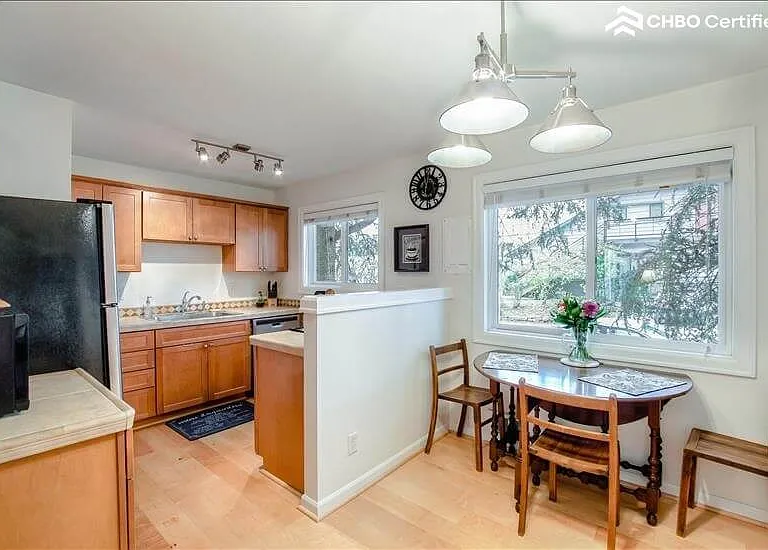 Kitchen opens onto dining area