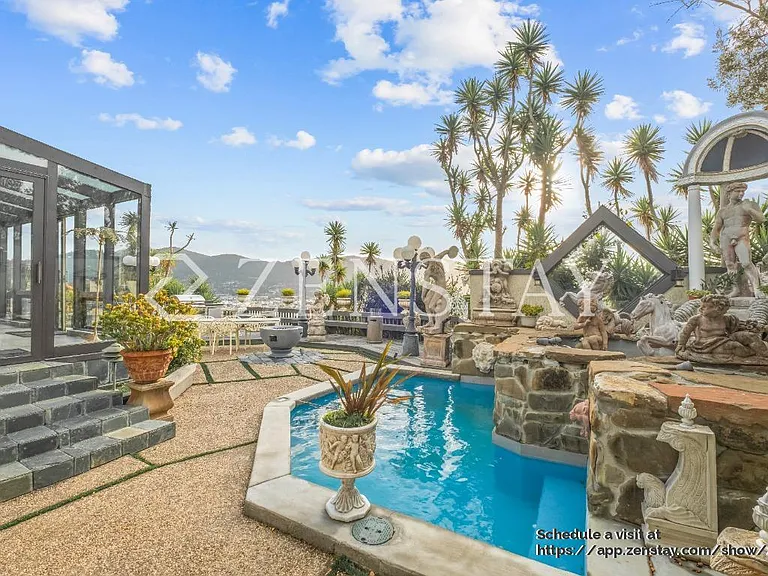 Back yard with fountains and small unheated pool
