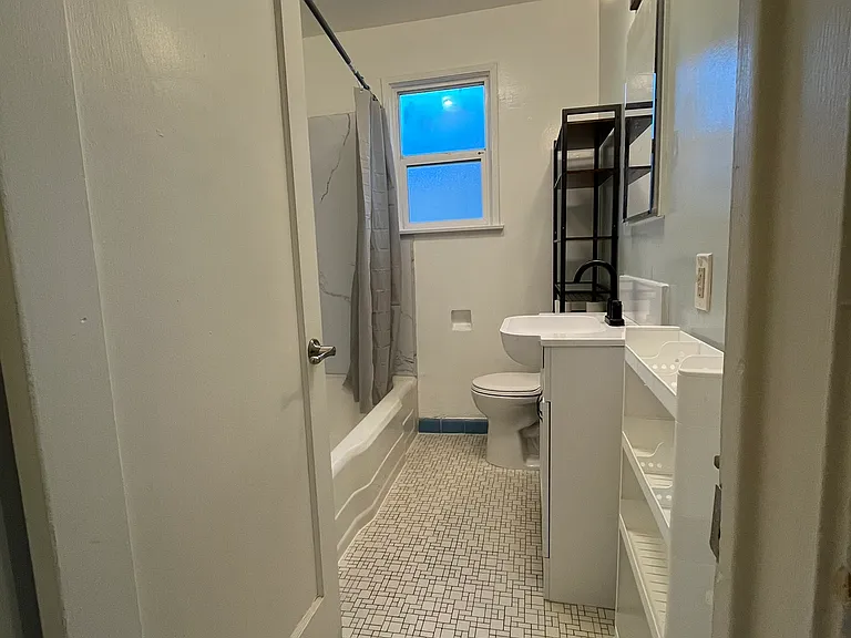 The bathroom is set up to maximize the space.