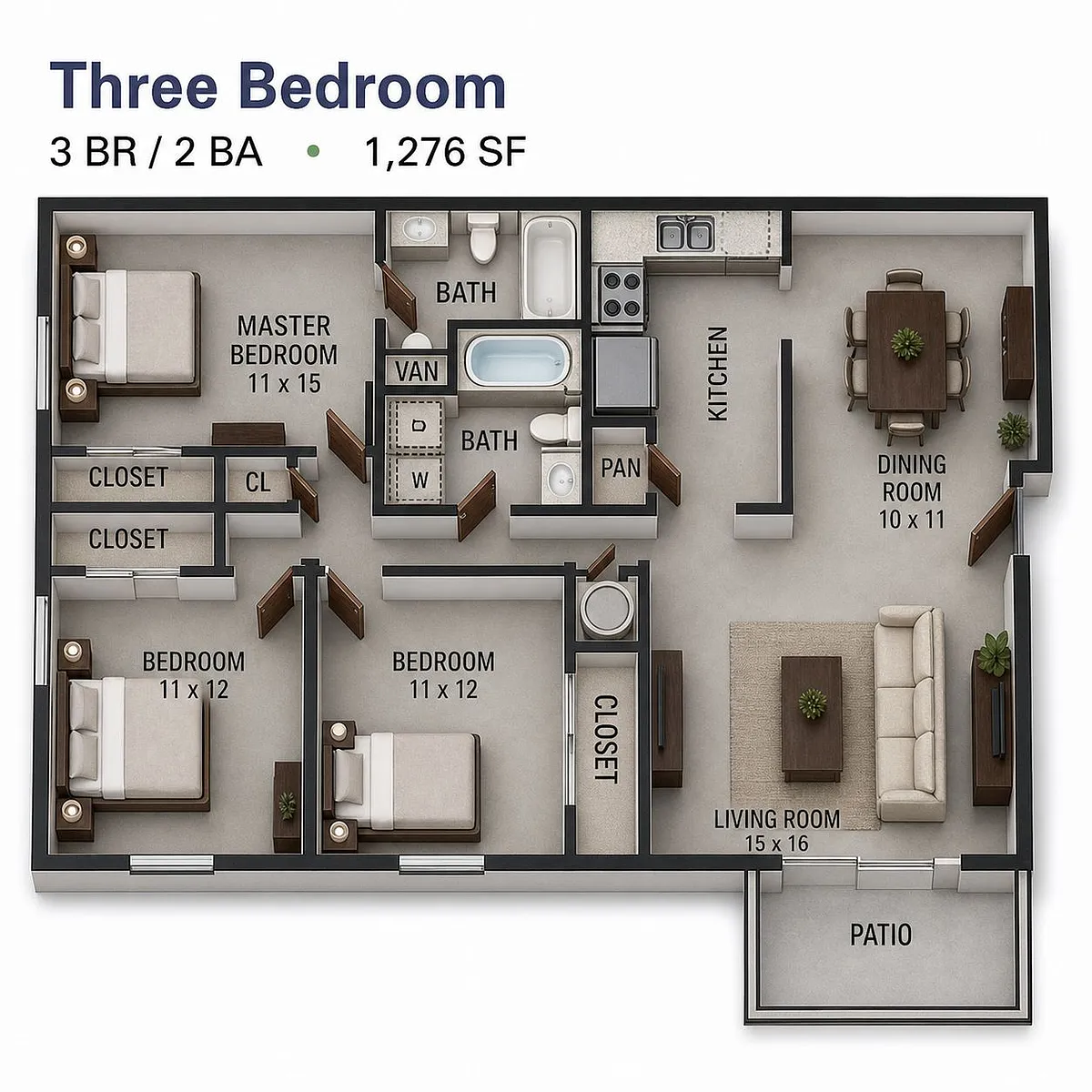 Floor plan Three Bedroom Garden