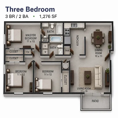 Floor plan Three Bedroom Garden