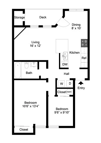Floor plan Two Bedroom One Bath (869 SF)