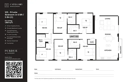 Floor plan 103 - Private Bedroom in 6BR / 5BA (C)