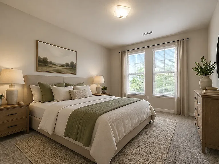 Secondary bedroom with large window, neutral finishes, and carpeted flooring.