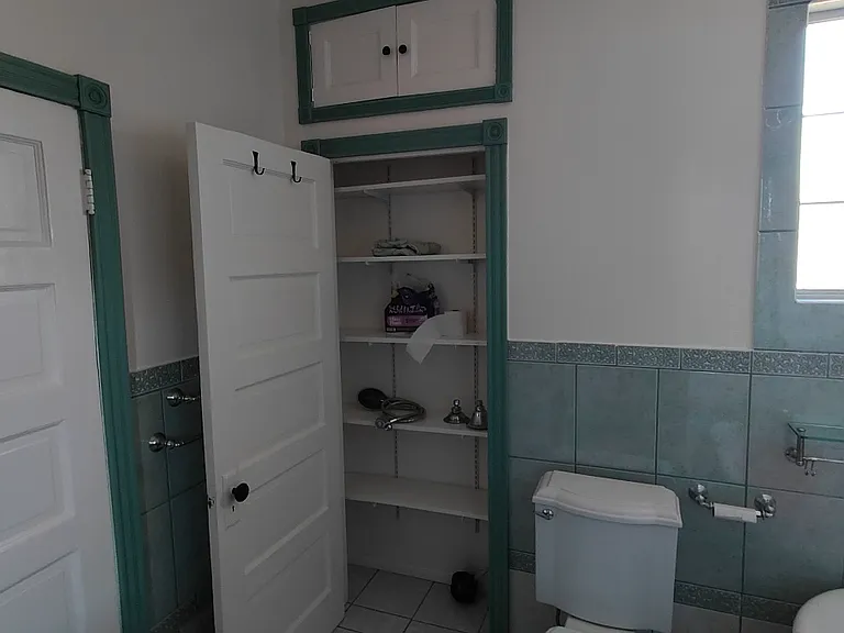 bathroom with storage closet door open