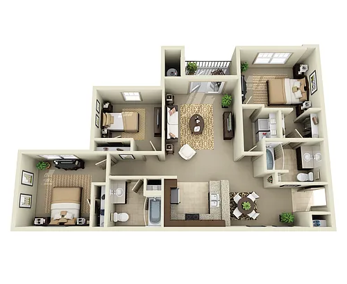 Floor plan 3 BR 2 BA (1208 SF)
