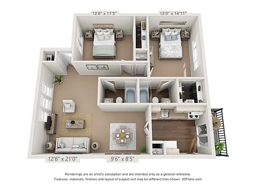 Floor plan 2 Bedroom, 2 Bath