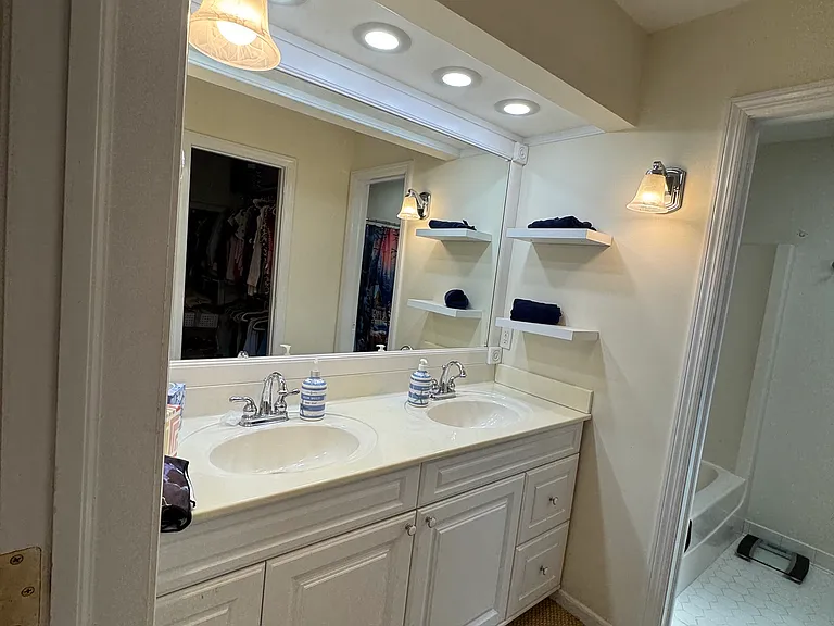 Master bathroom with double sinks, walk in closet, and separate tub and shower.