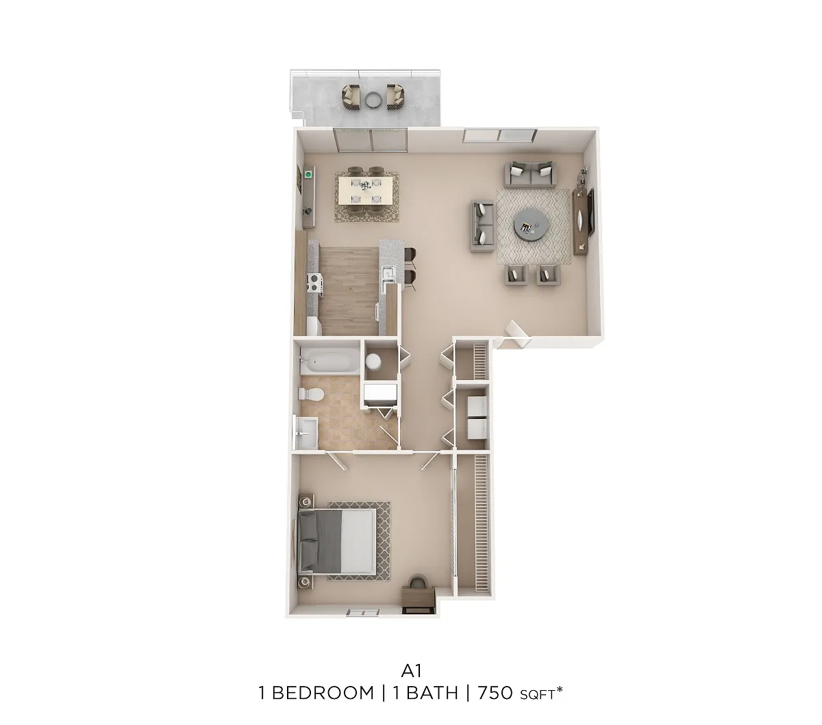 Floor plan One Bed One Bath 750 Sqft