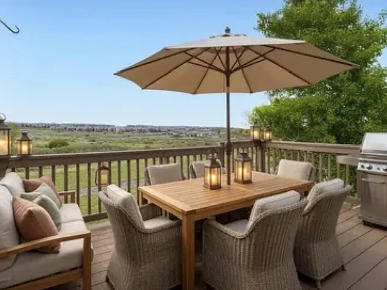 Upper deck backs to open space with mountain views.