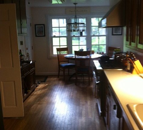 Kitchen view with Corian countertop and new hardwood floor
