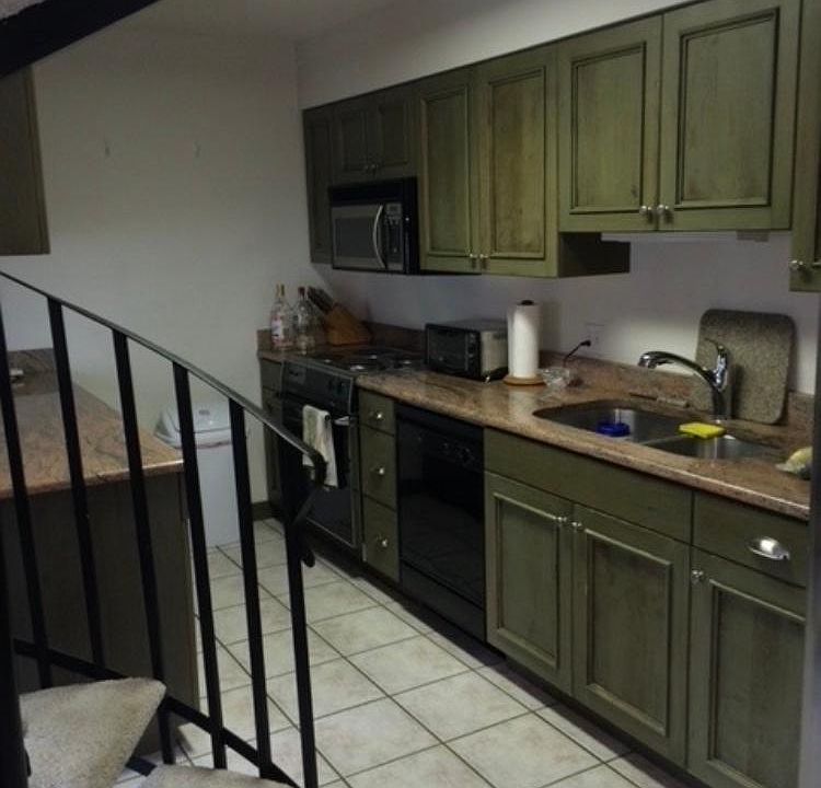 kitchen and spiral staircase