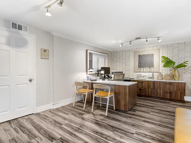 Step into luxury at Cornerstone Apartments with our newly renovated leasing office, featuring sleek updated flooring and modern furniture, designed to elevate your leasing experience.