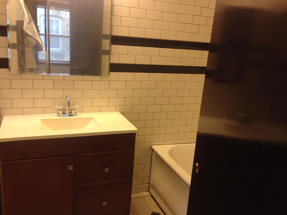 large bathroom, new subway tiles.