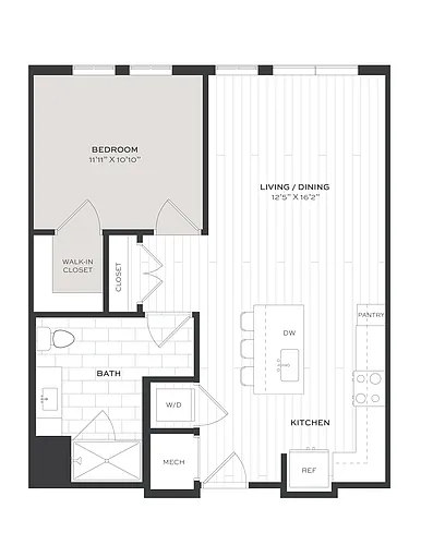 Floor plan 1 Bed/1 Bath-A2B