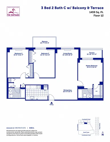 Floor plan 3 Bed 2 Bath C with Balcony and Terrace